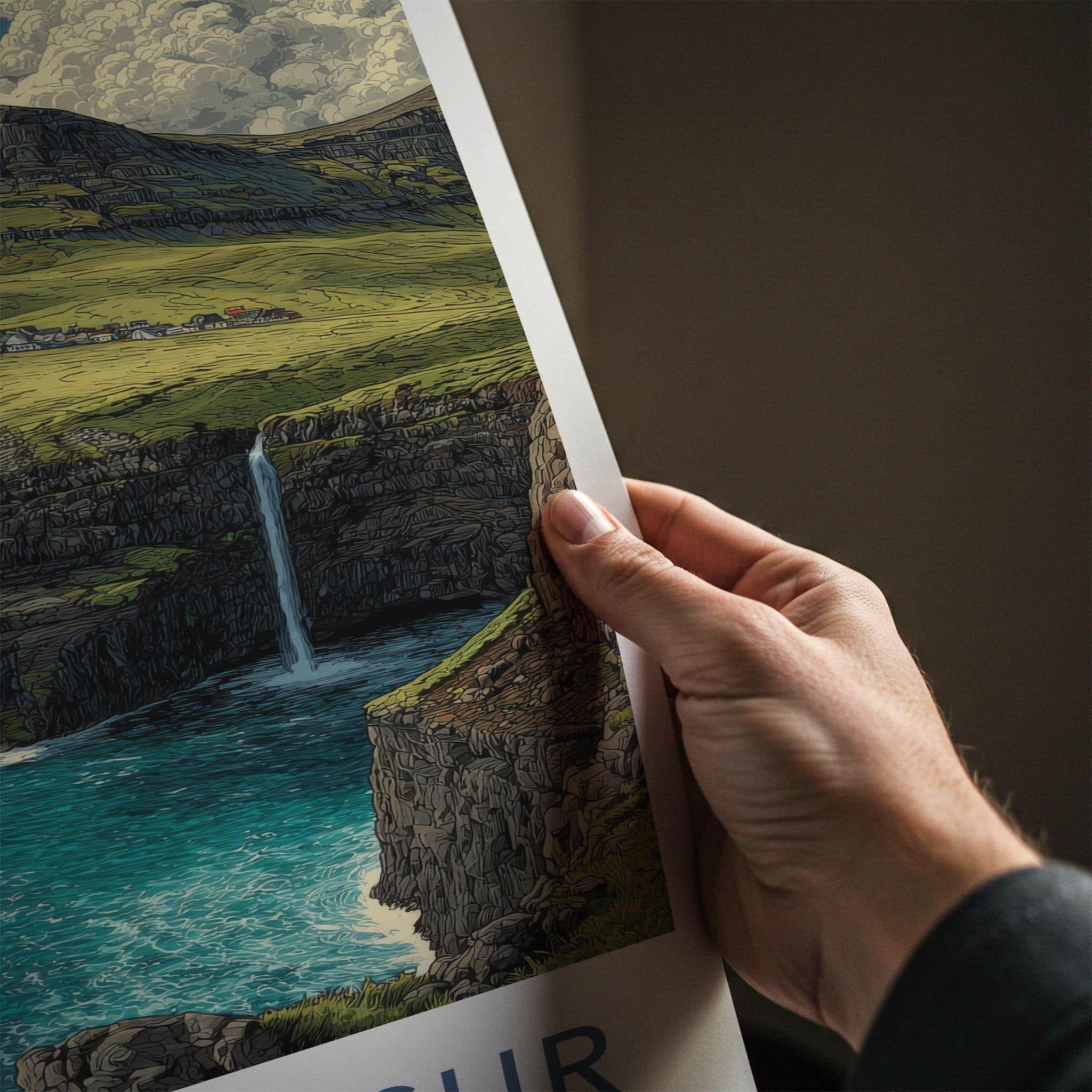 Mulafossur Poster - Faroe Islands Travel Art - Coastal Cliff Waterfall Home Decor