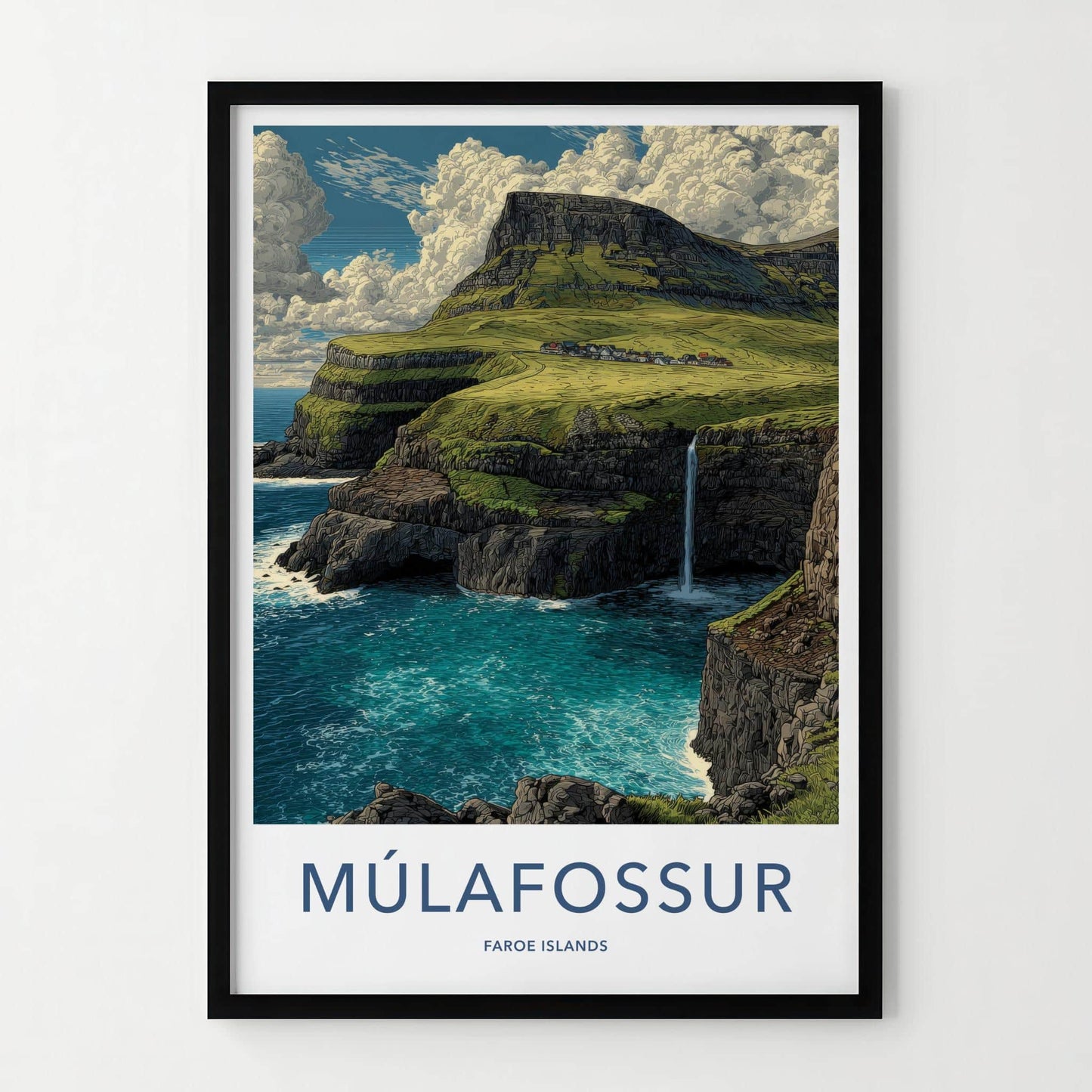 Mulafossur Poster - Faroe Islands Travel Art - Coastal Cliff Waterfall Home Decor