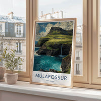 Mulafossur Poster - Faroe Islands Travel Art - Coastal Cliff Waterfall Home Decor