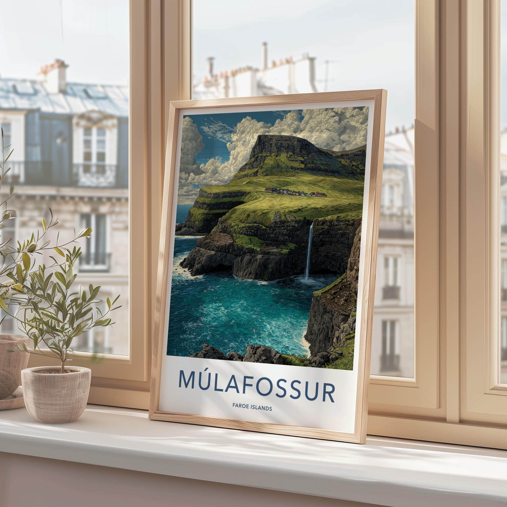 Mulafossur Poster - Faroe Islands Travel Art - Coastal Cliff Waterfall Home Decor