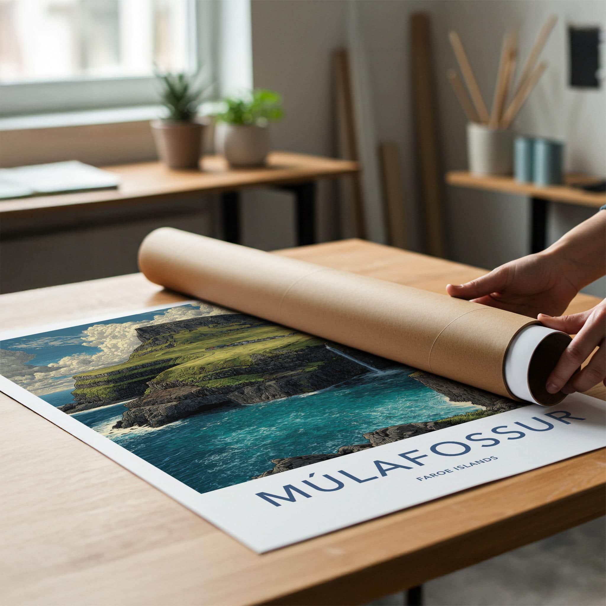 Mulafossur Poster - Faroe Islands Travel Art - Coastal Cliff Waterfall Home Decor