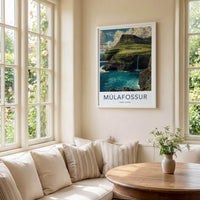 Mulafossur Poster - Faroe Islands Travel Art - Coastal Cliff Waterfall Home Decor