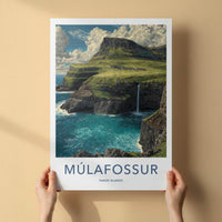 Mulafossur Poster - Faroe Islands Travel Art - Coastal Cliff Waterfall Home Decor