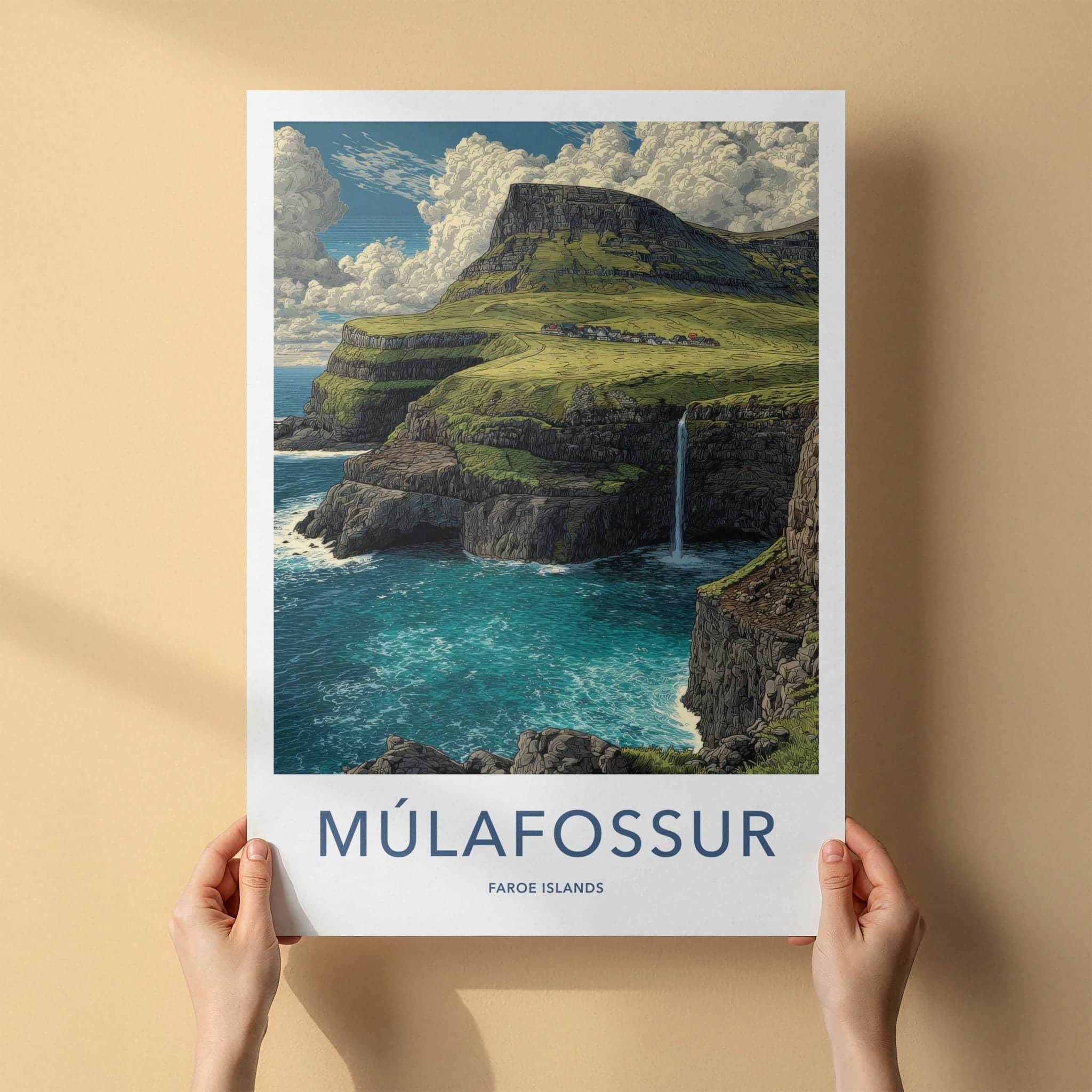 Mulafossur Poster - Faroe Islands Travel Art - Coastal Cliff Waterfall Home Decor