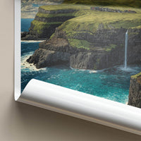 Mulafossur Poster - Faroe Islands Travel Art - Coastal Cliff Waterfall Home Decor