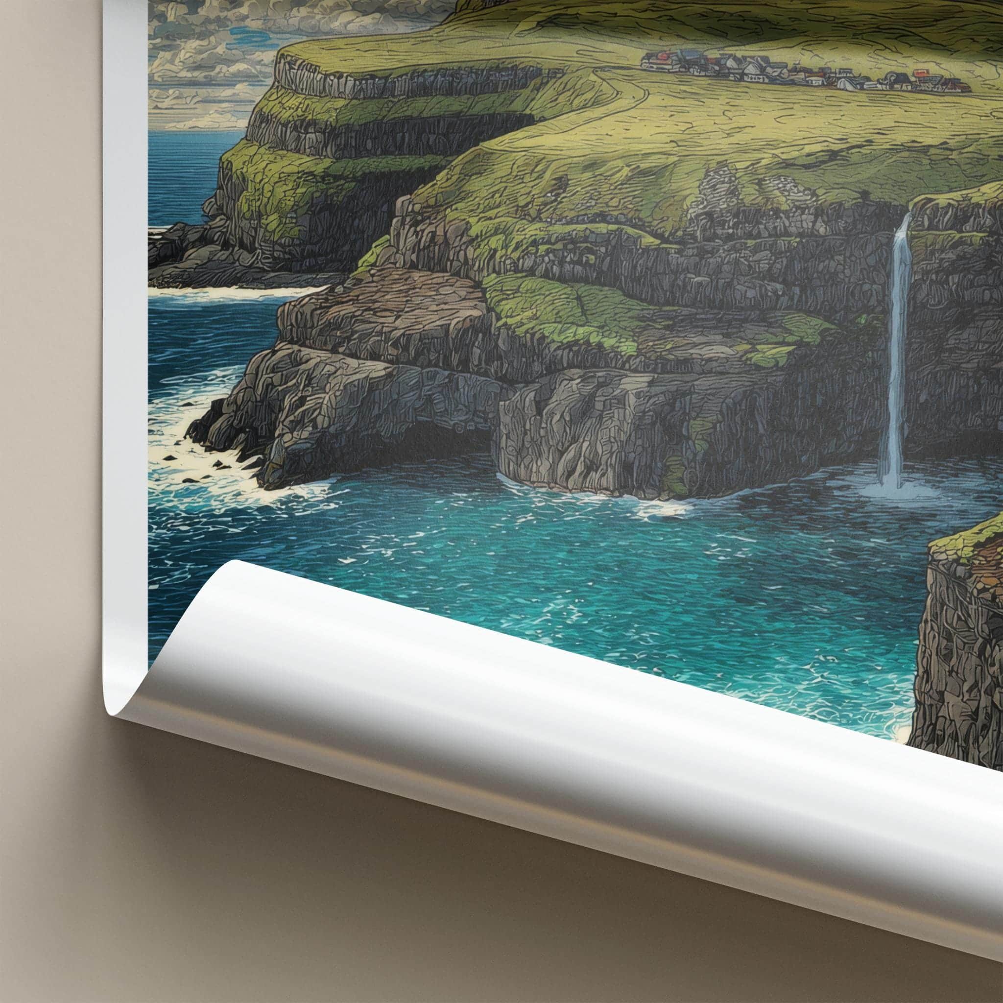 Mulafossur Poster - Faroe Islands Travel Art - Coastal Cliff Waterfall Home Decor