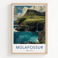 Mulafossur Poster - Faroe Islands Travel Art - Coastal Cliff Waterfall Home Decor