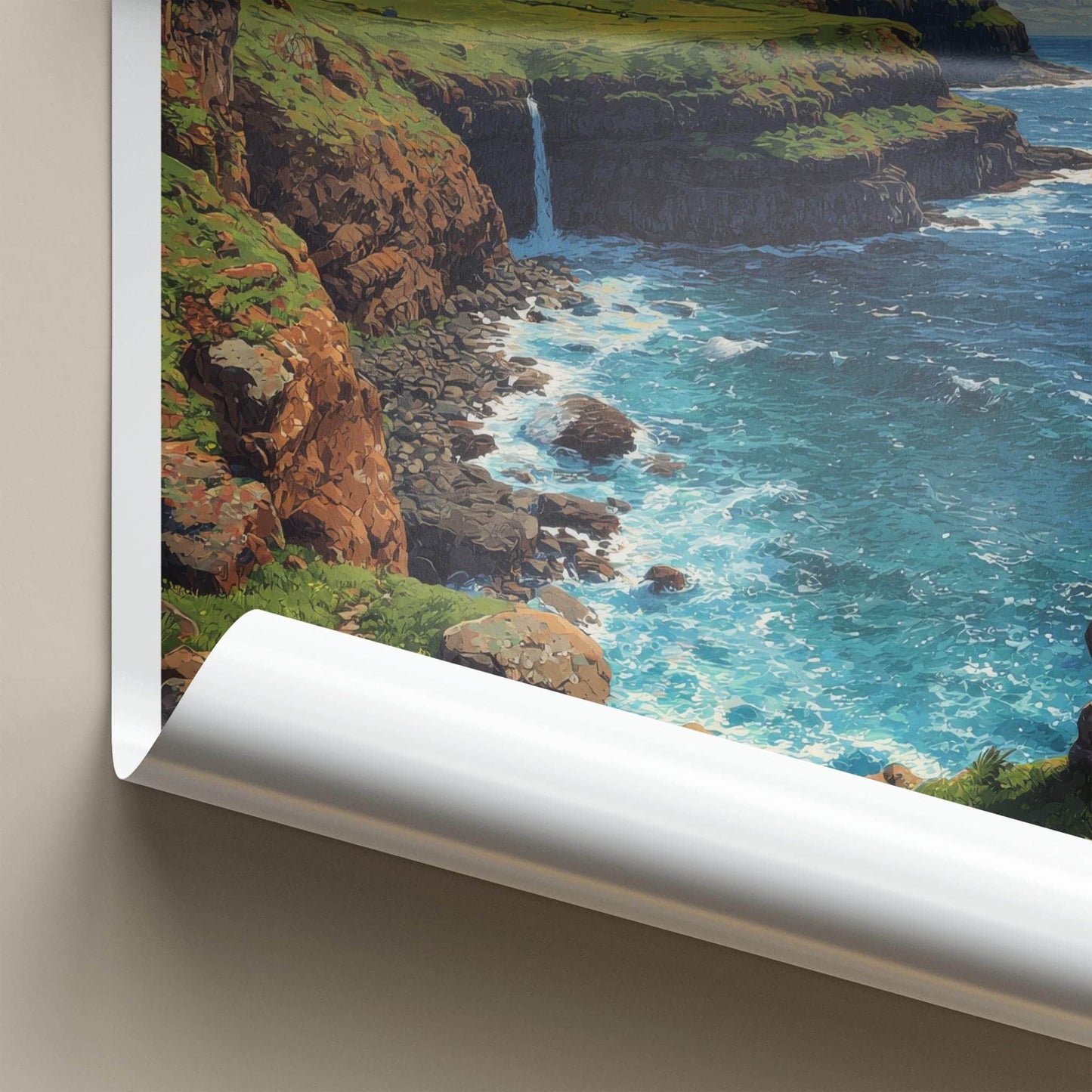 Mulafossur Poster - Faroe Islands Travel Art - Coastal Waterfall Cliffs Home Decor