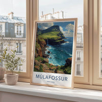 Mulafossur Poster - Faroe Islands Travel Art - Coastal Waterfall Cliffs Home Decor
