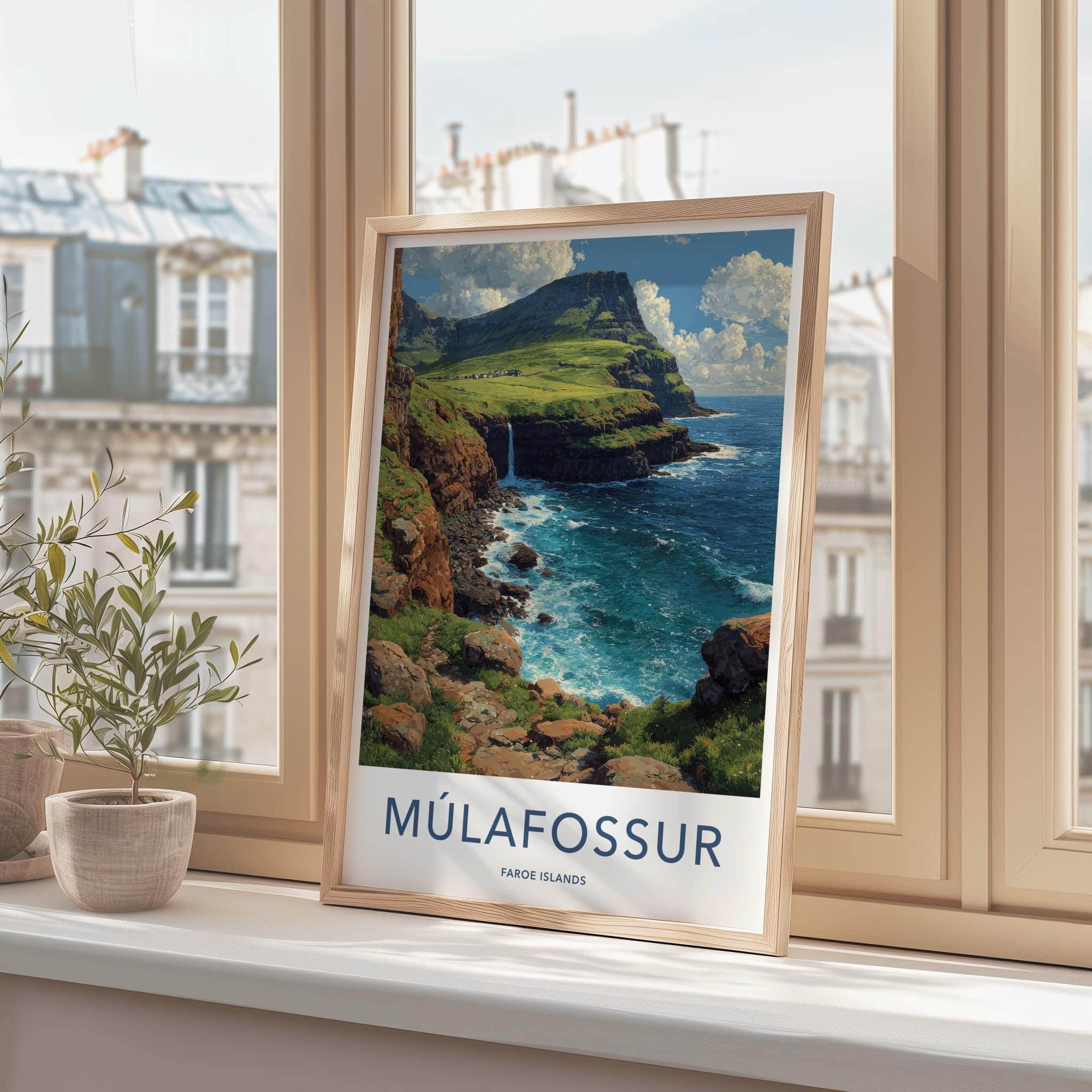 Mulafossur Poster - Faroe Islands Travel Art - Coastal Waterfall Cliffs Home Decor