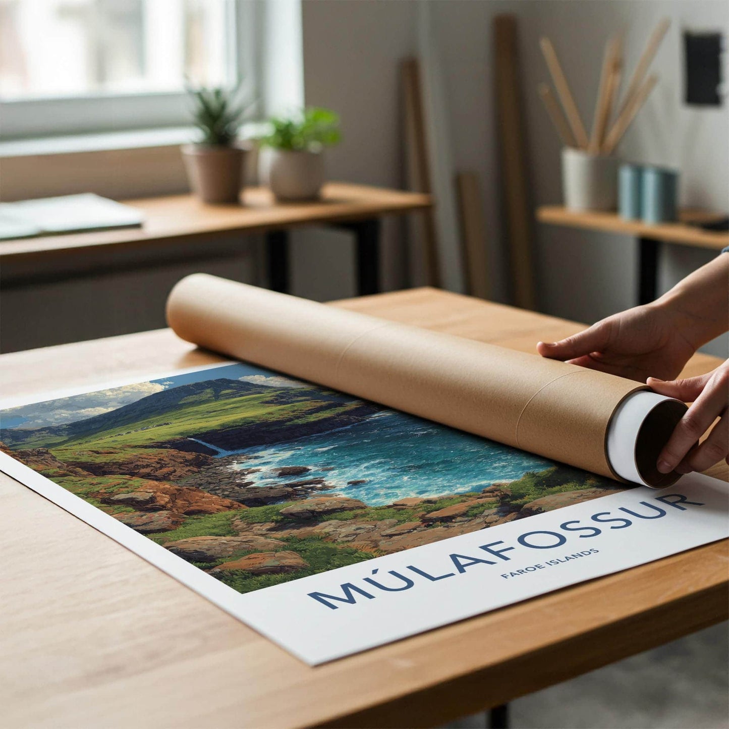 Mulafossur Poster - Faroe Islands Travel Art - Coastal Waterfall Cliffs Home Decor
