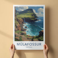 Mulafossur Poster - Faroe Islands Travel Art - Coastal Waterfall Cliffs Home Decor