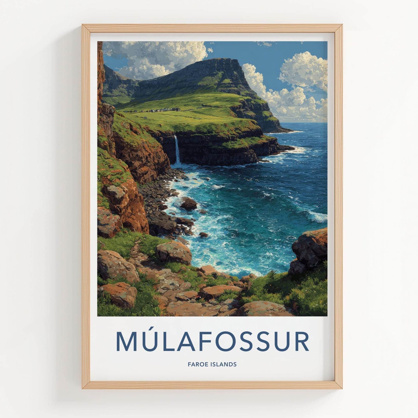 Mulafossur Poster - Faroe Islands Travel Art - Coastal Waterfall Cliffs Home Decor