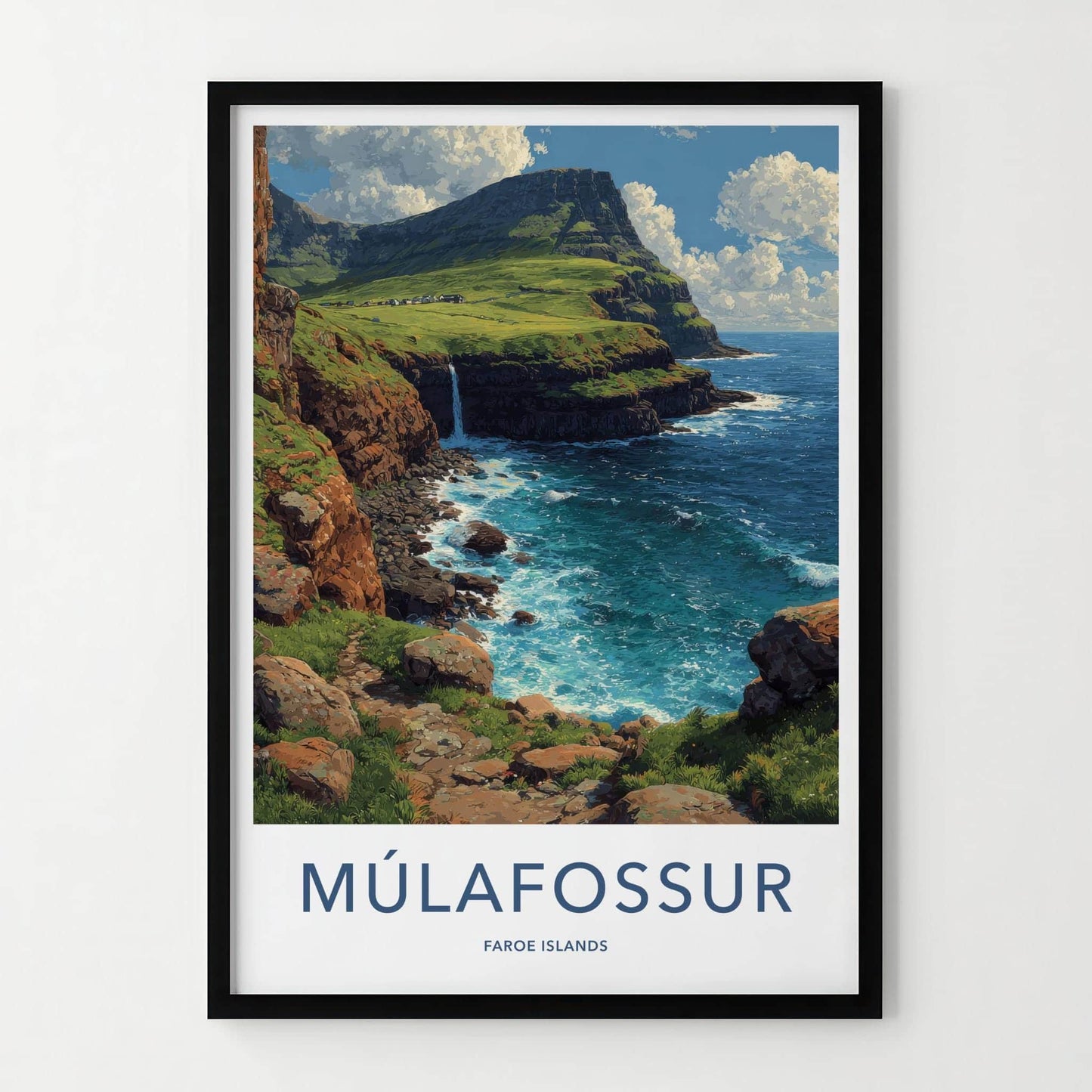 Mulafossur Poster - Faroe Islands Travel Art - Coastal Waterfall Cliffs Home Decor
