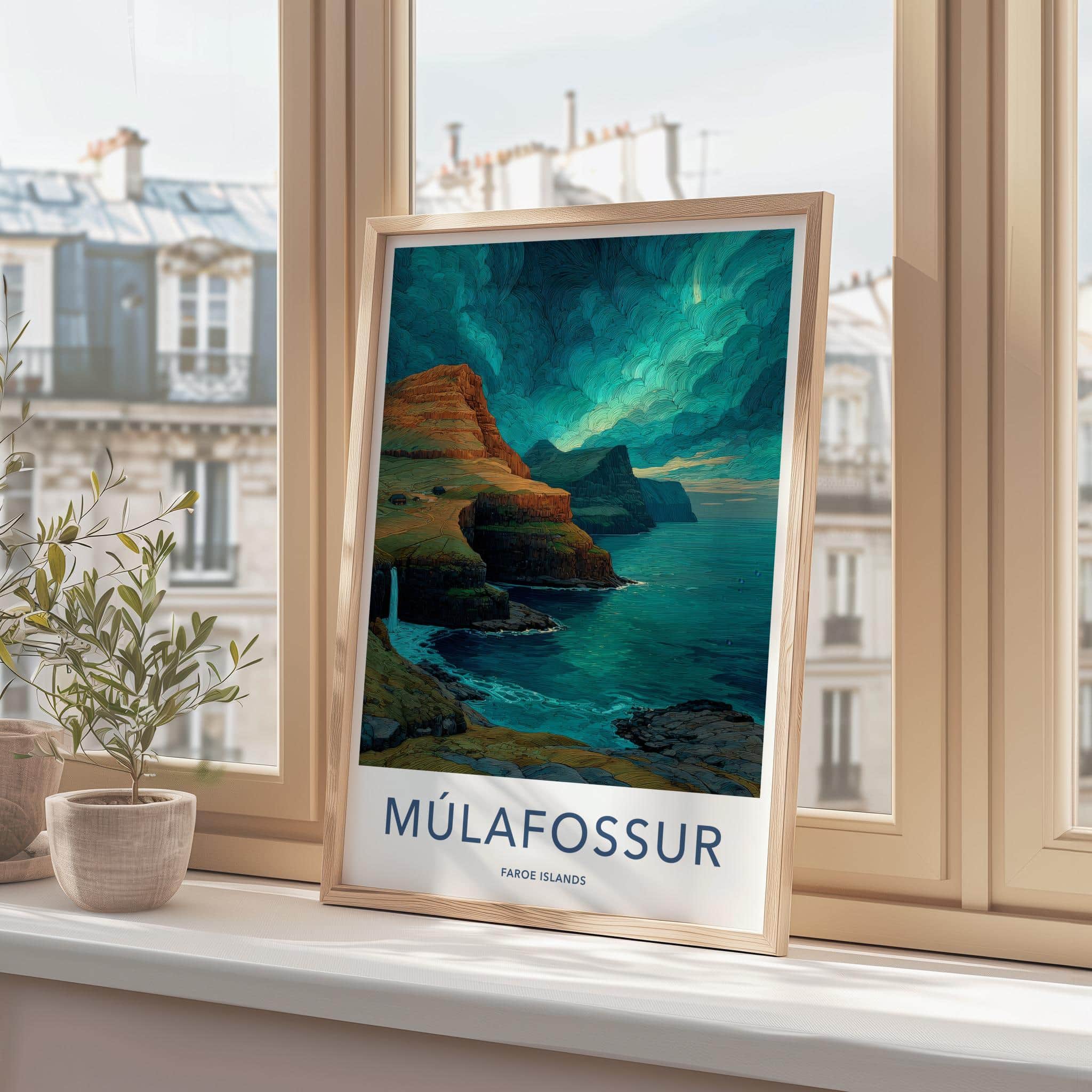 Mulafossur Poster - Faroe Islands Travel Art - Coastal Waterfall Scenery Home Decor
