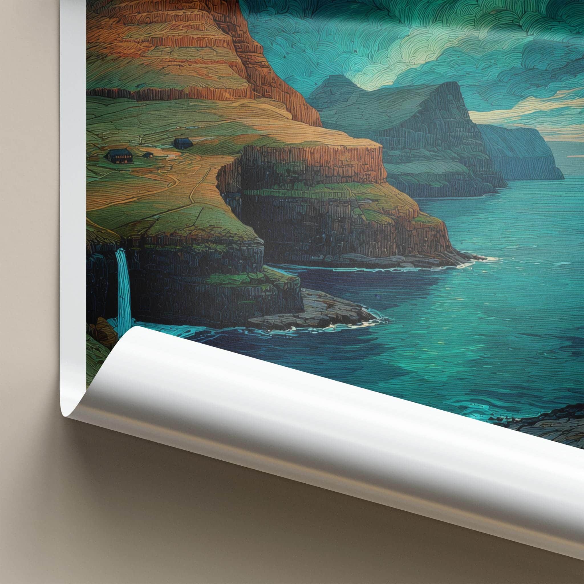 Mulafossur Poster - Faroe Islands Travel Art - Coastal Waterfall Scenery Home Decor