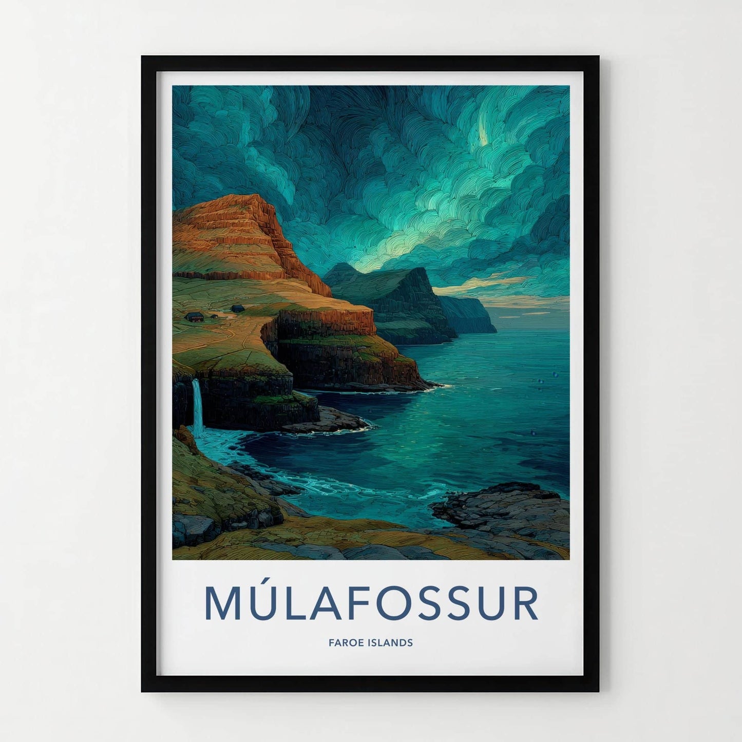 Mulafossur Poster - Faroe Islands Travel Art - Coastal Waterfall Scenery Home Decor