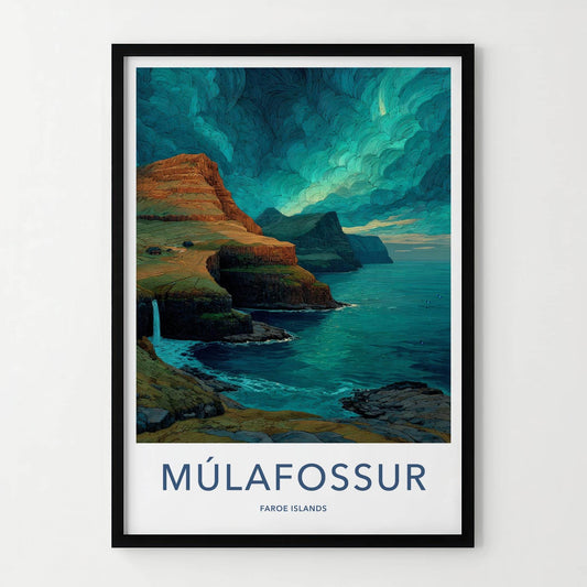 Mulafossur Poster - Faroe Islands Travel Art - Coastal Waterfall Scenery Home Decor