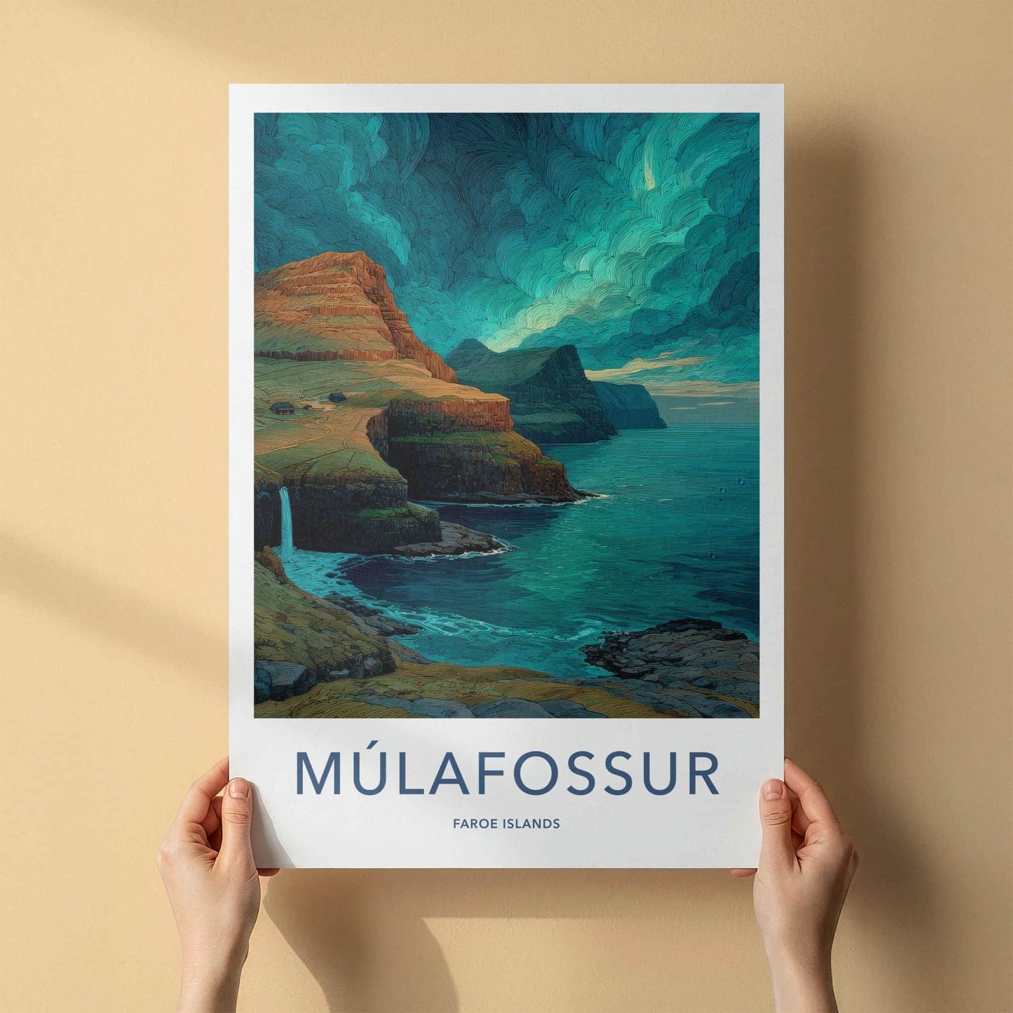 Mulafossur Poster - Faroe Islands Travel Art - Coastal Waterfall Scenery Home Decor