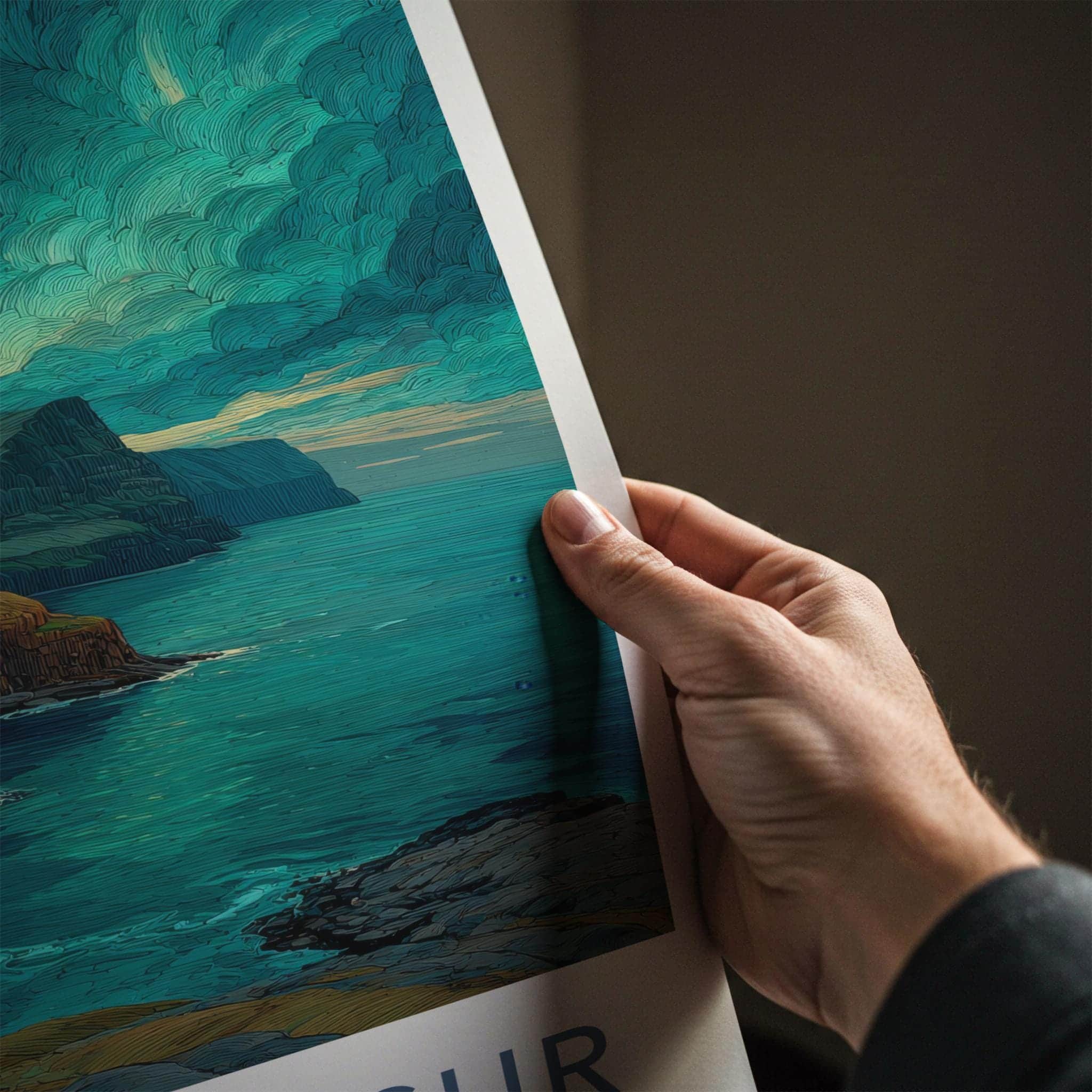 Mulafossur Poster - Faroe Islands Travel Art - Coastal Waterfall Scenery Home Decor
