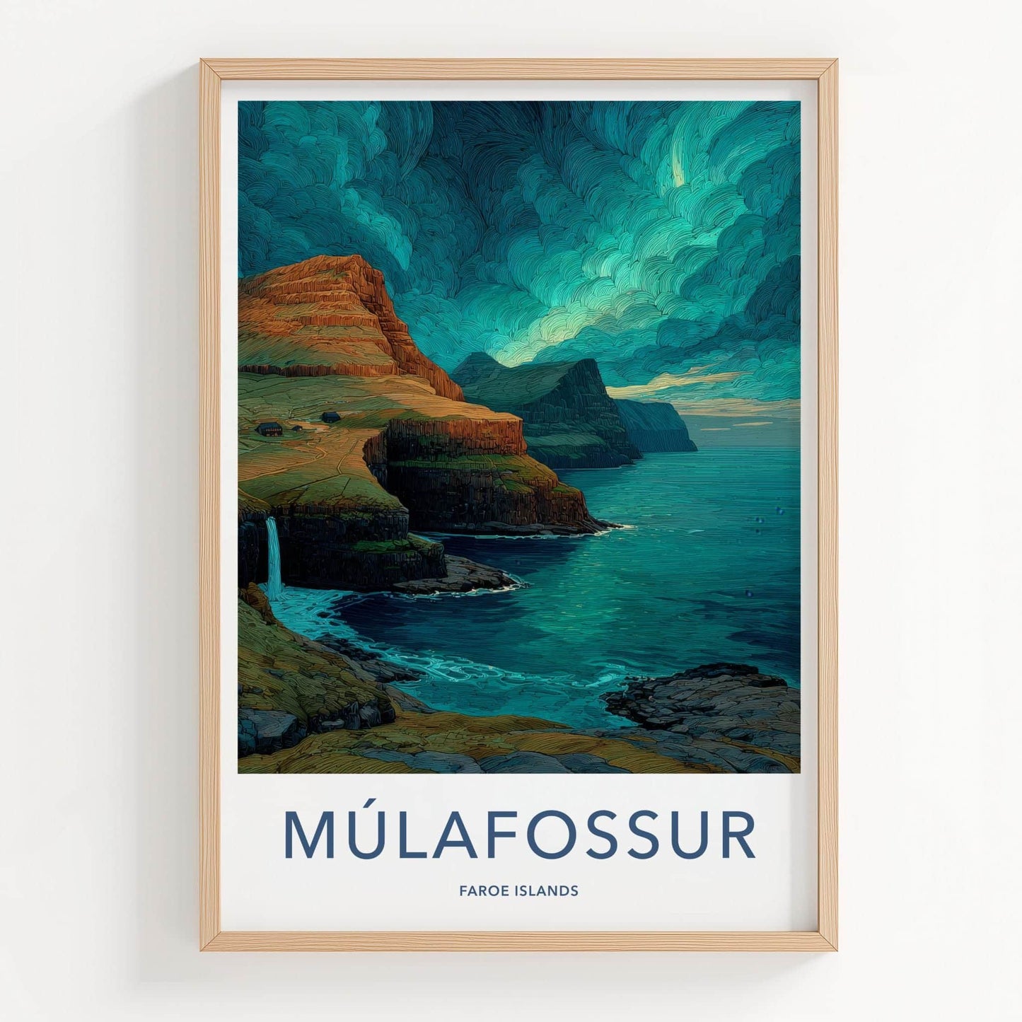 Mulafossur Poster - Faroe Islands Travel Art - Coastal Waterfall Scenery Home Decor