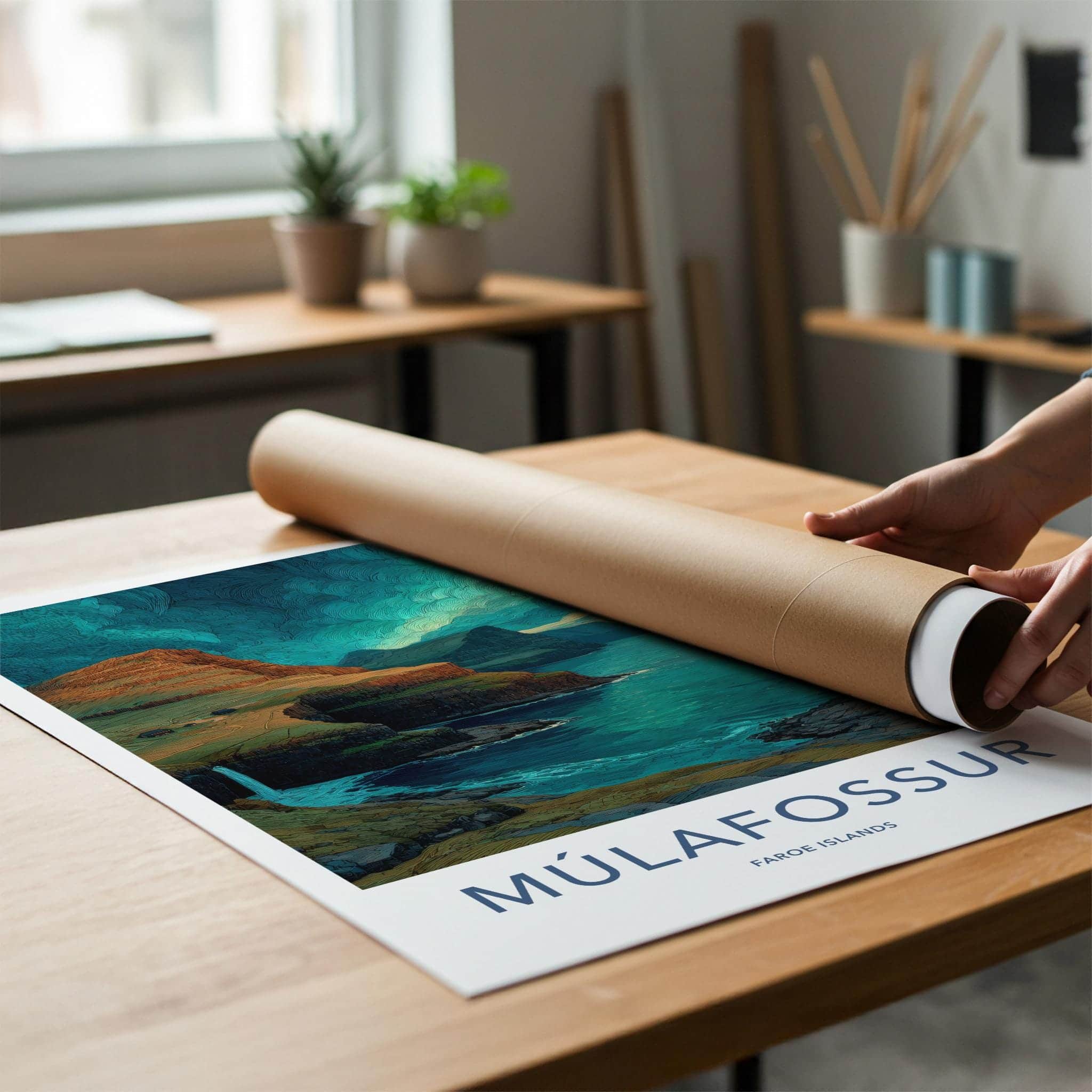Mulafossur Poster - Faroe Islands Travel Art - Coastal Waterfall Scenery Home Decor
