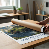 Mulafossur Poster - Faroe Islands Wall Art - Coastal Waterfall Village Gift