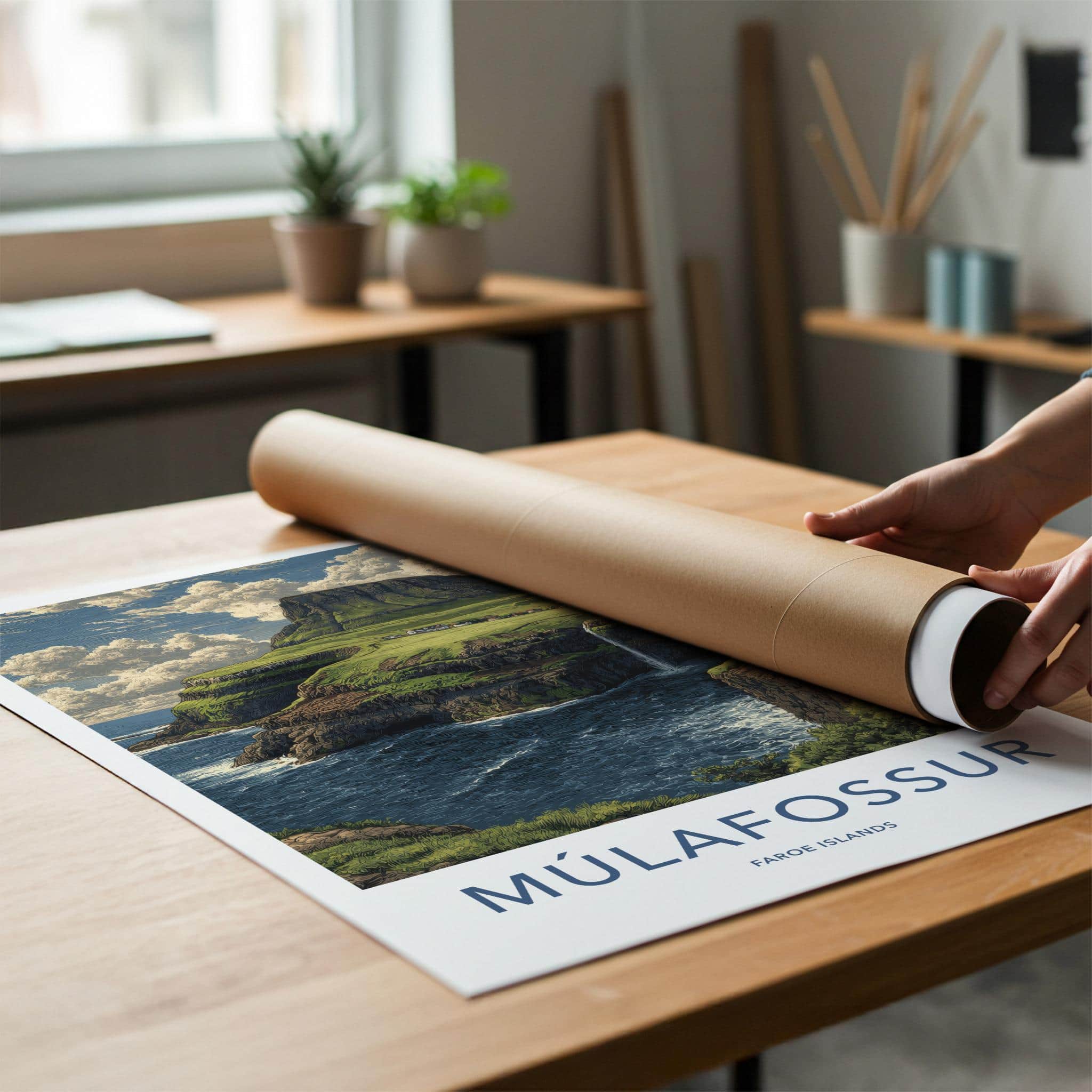 Mulafossur Poster - Faroe Islands Wall Art - Coastal Waterfall Village Gift