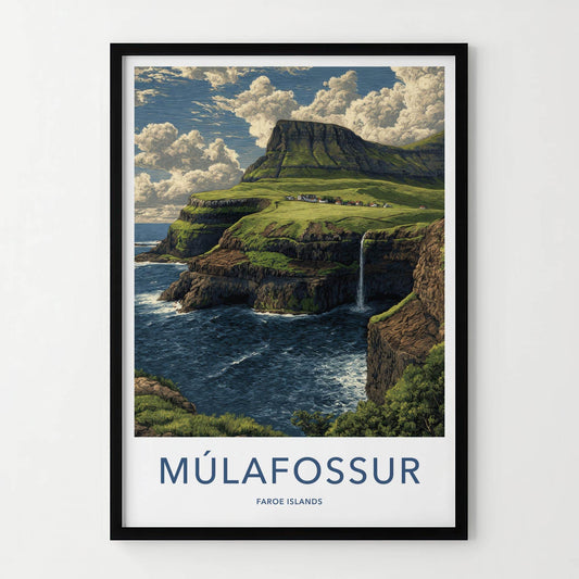 Mulafossur Poster - Faroe Islands Wall Art - Coastal Waterfall Village Gift
