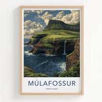 Mulafossur Poster - Faroe Islands Wall Art - Coastal Waterfall Village Gift