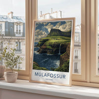 Mulafossur Poster - Faroe Islands Wall Art - Coastal Waterfall Village Gift