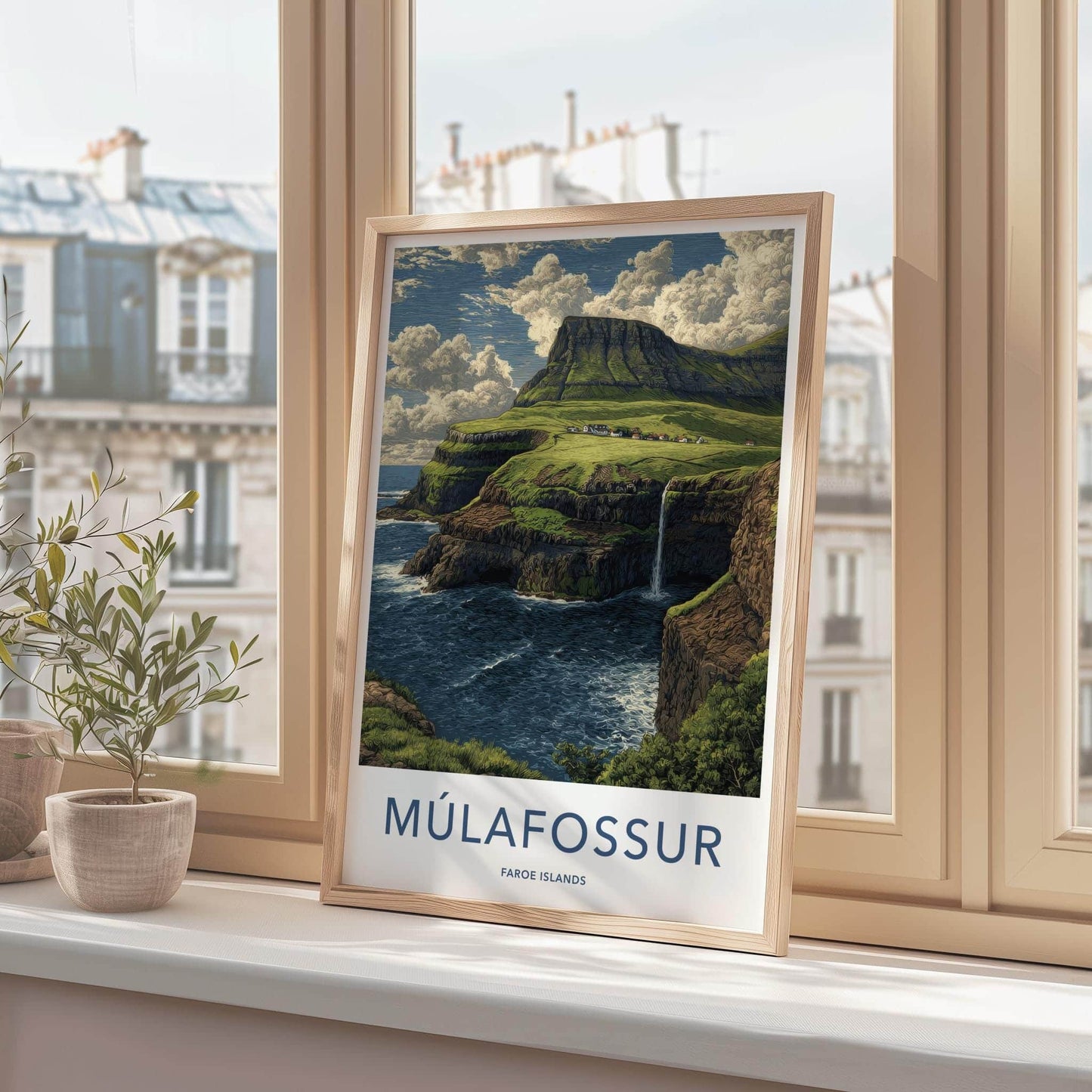 Mulafossur Poster - Faroe Islands Wall Art - Coastal Waterfall Village Gift