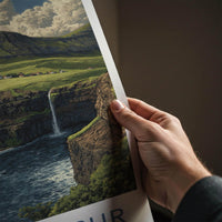 Mulafossur Poster - Faroe Islands Wall Art - Coastal Waterfall Village Gift