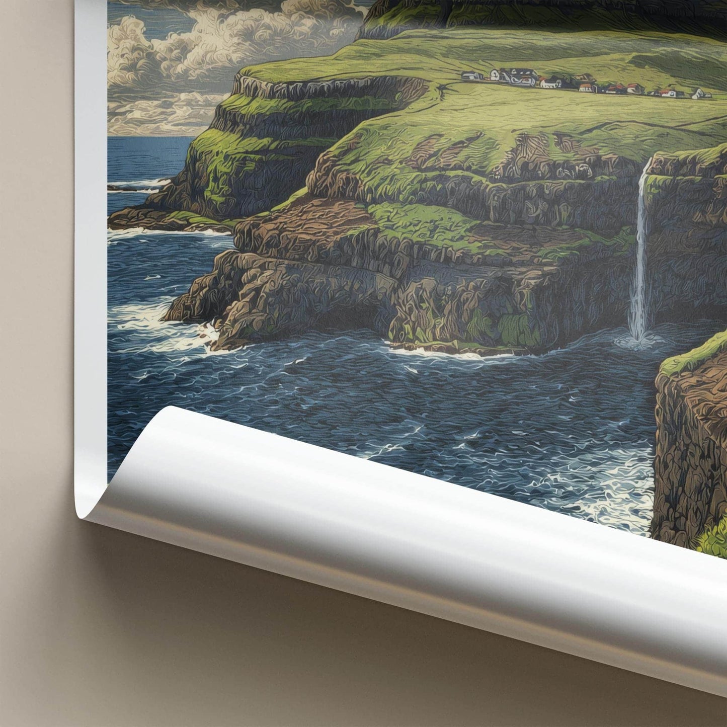 Mulafossur Poster - Faroe Islands Wall Art - Coastal Waterfall Village Gift