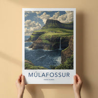 Mulafossur Poster - Faroe Islands Wall Art - Coastal Waterfall Village Gift
