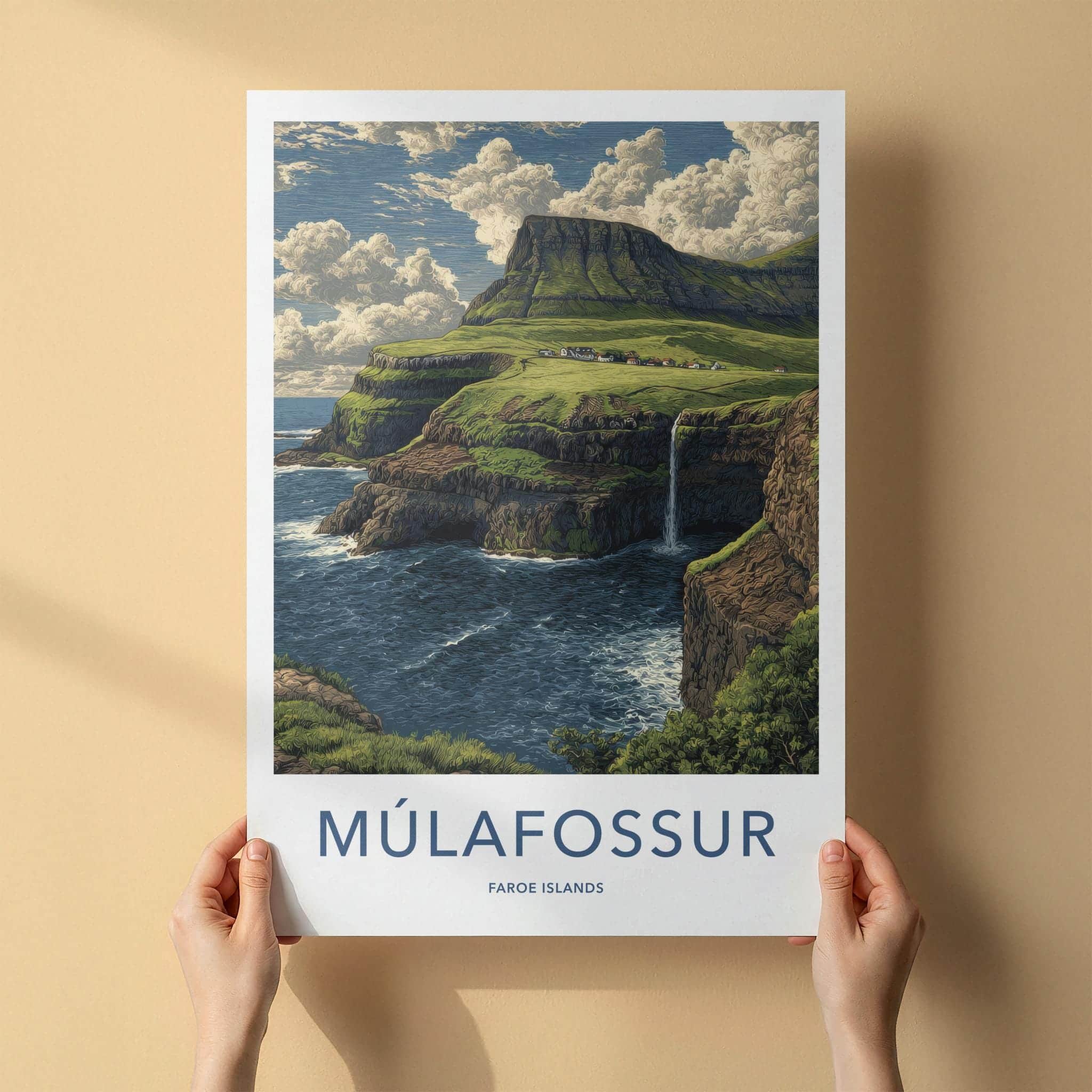 Mulafossur Poster - Faroe Islands Wall Art - Coastal Waterfall Village Gift