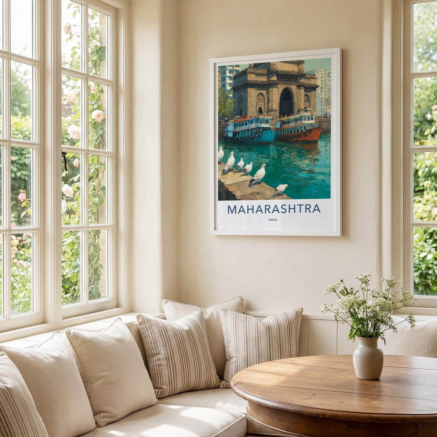 Mumbai Poster - India Travel Art - Maharashtra Arch Boats Pigeons Home Decor