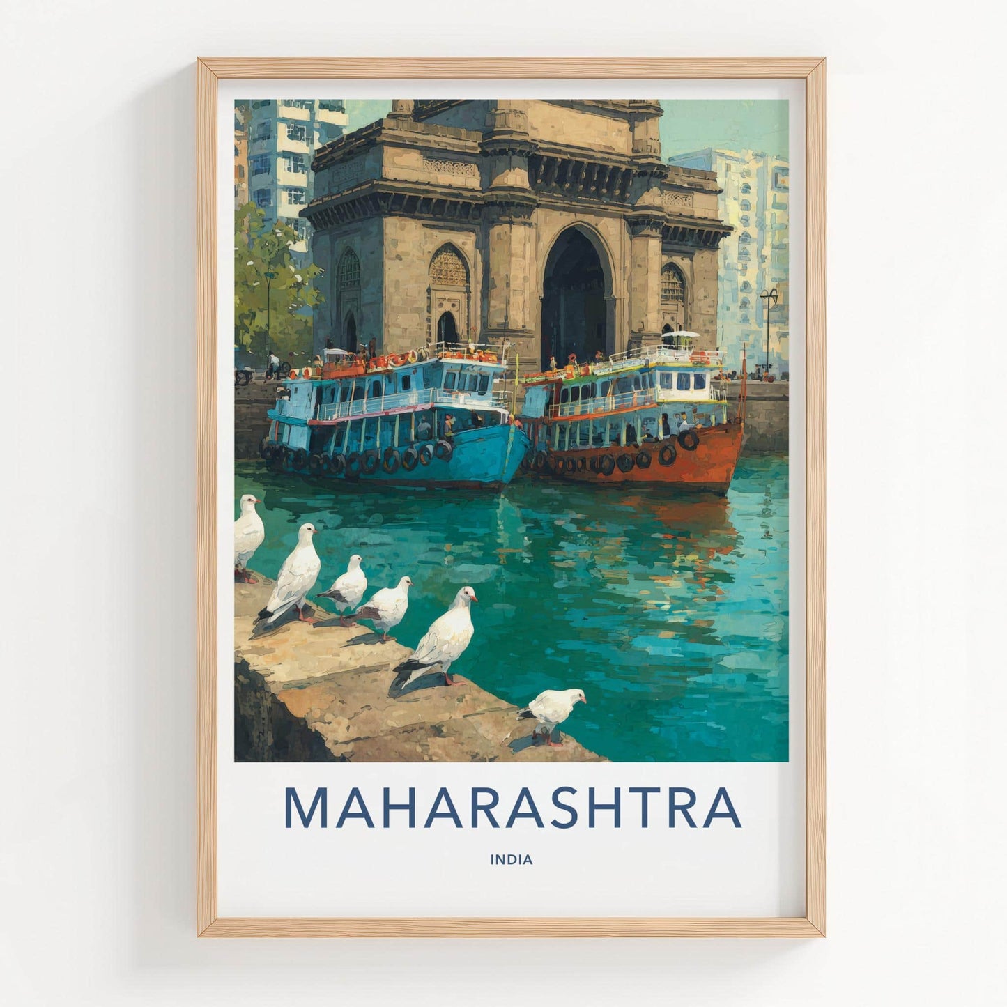Mumbai Poster - India Travel Art - Maharashtra Arch Boats Pigeons Home Decor