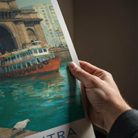 Mumbai Poster - India Travel Art - Maharashtra Arch Boats Pigeons Home Decor