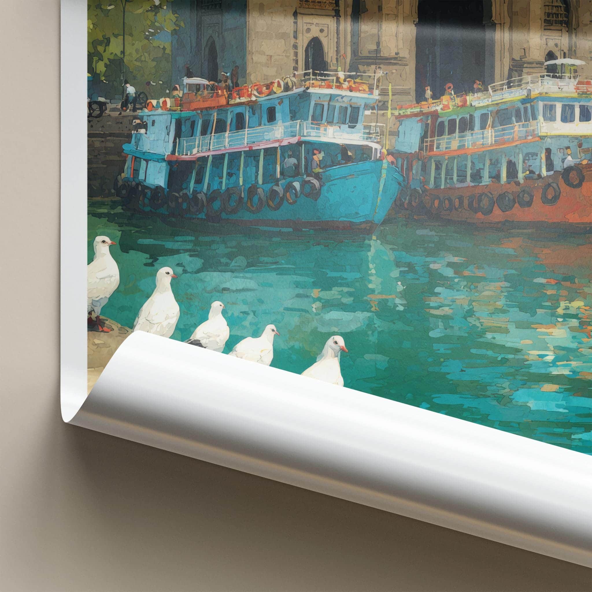 Mumbai Poster - India Travel Art - Maharashtra Arch Boats Pigeons Home Decor