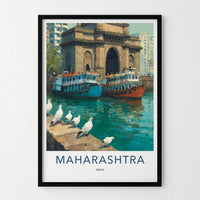 Mumbai Poster - India Travel Art - Maharashtra Arch Boats Pigeons Home Decor