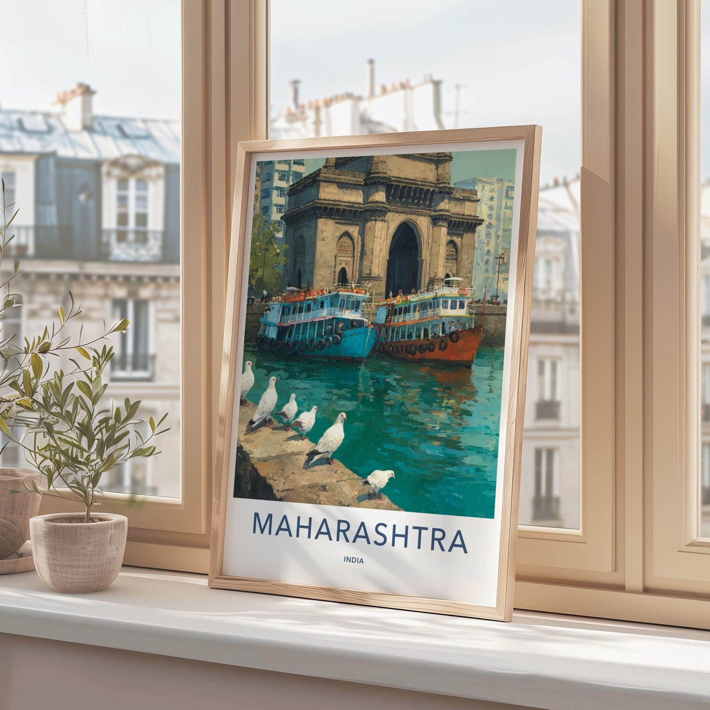 Mumbai Poster - India Travel Art - Maharashtra Arch Boats Pigeons Home Decor