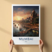 Mumbai Poster - India Travel Art - Maharashtra Busy Harbor Sunset Home Decor