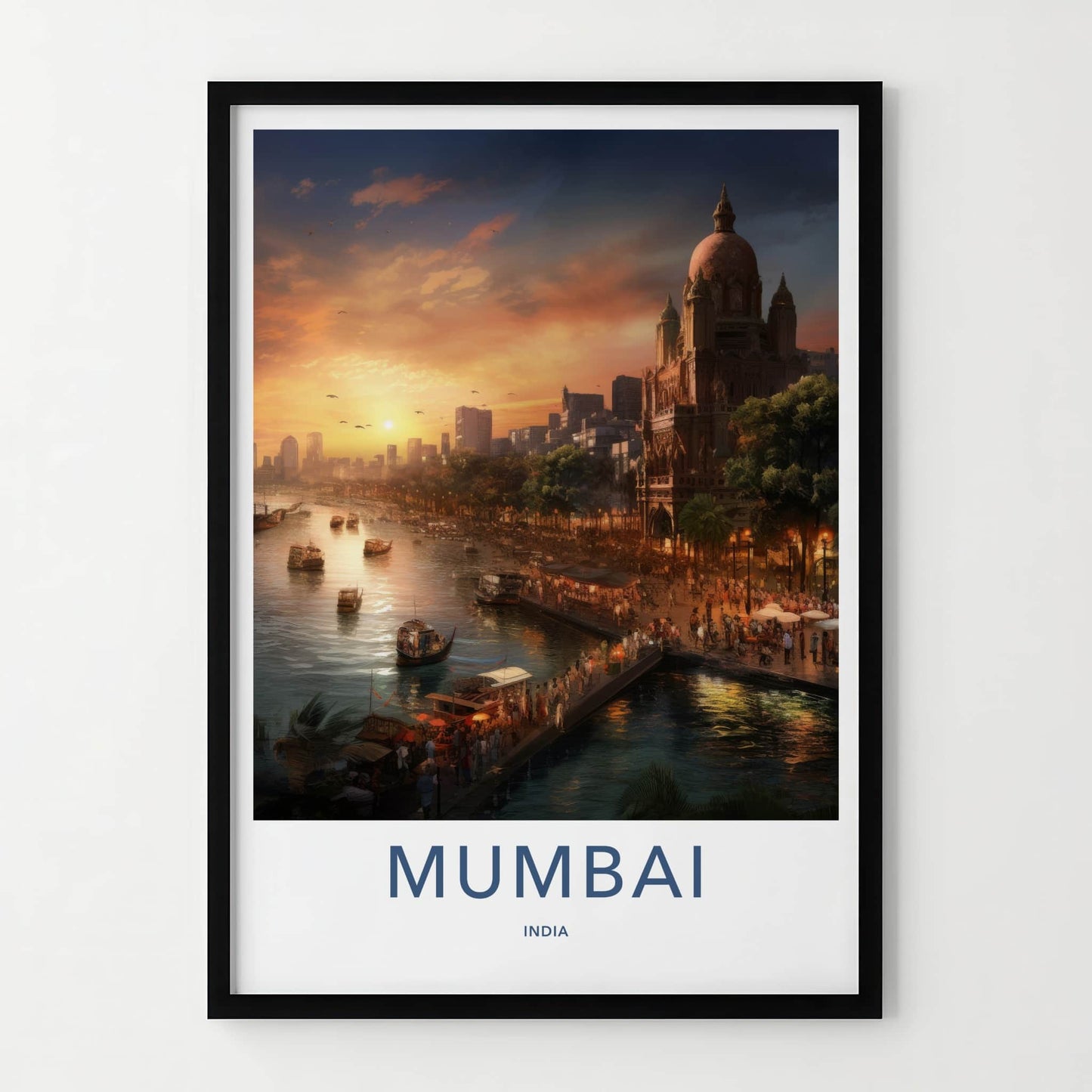 Mumbai Poster - India Travel Art - Maharashtra Busy Harbor Sunset Home Decor