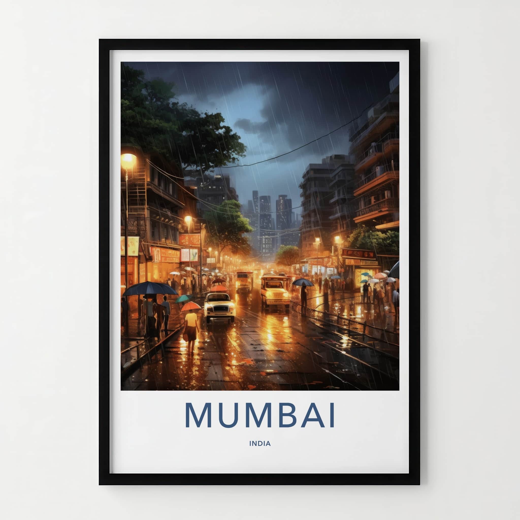 Mumbai Poster - India Travel Art - Maharashtra Monsoon Night Scene Home Decor