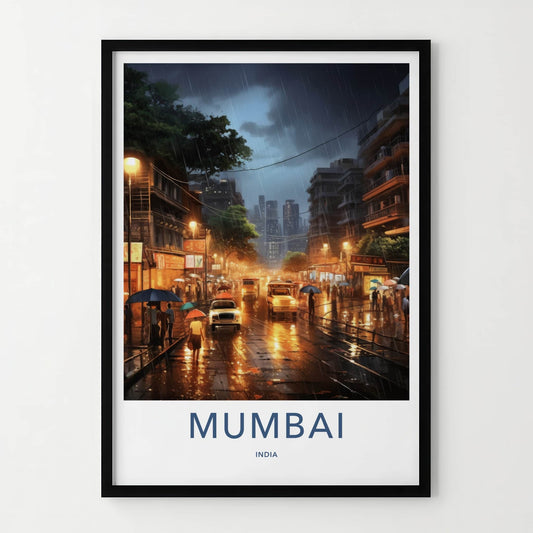 Mumbai Poster - India Travel Art - Maharashtra Monsoon Night Scene Home Decor