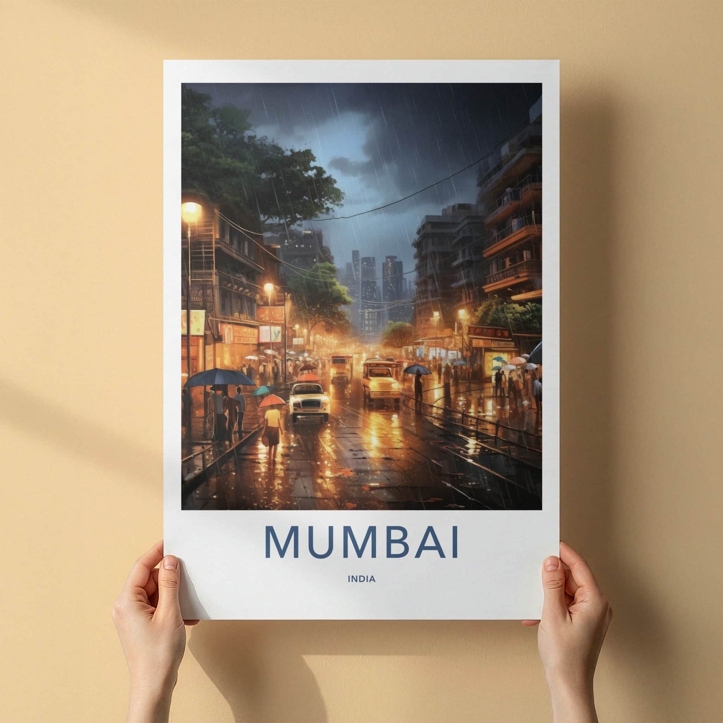 Mumbai Poster - India Travel Art - Maharashtra Monsoon Night Scene Home Decor