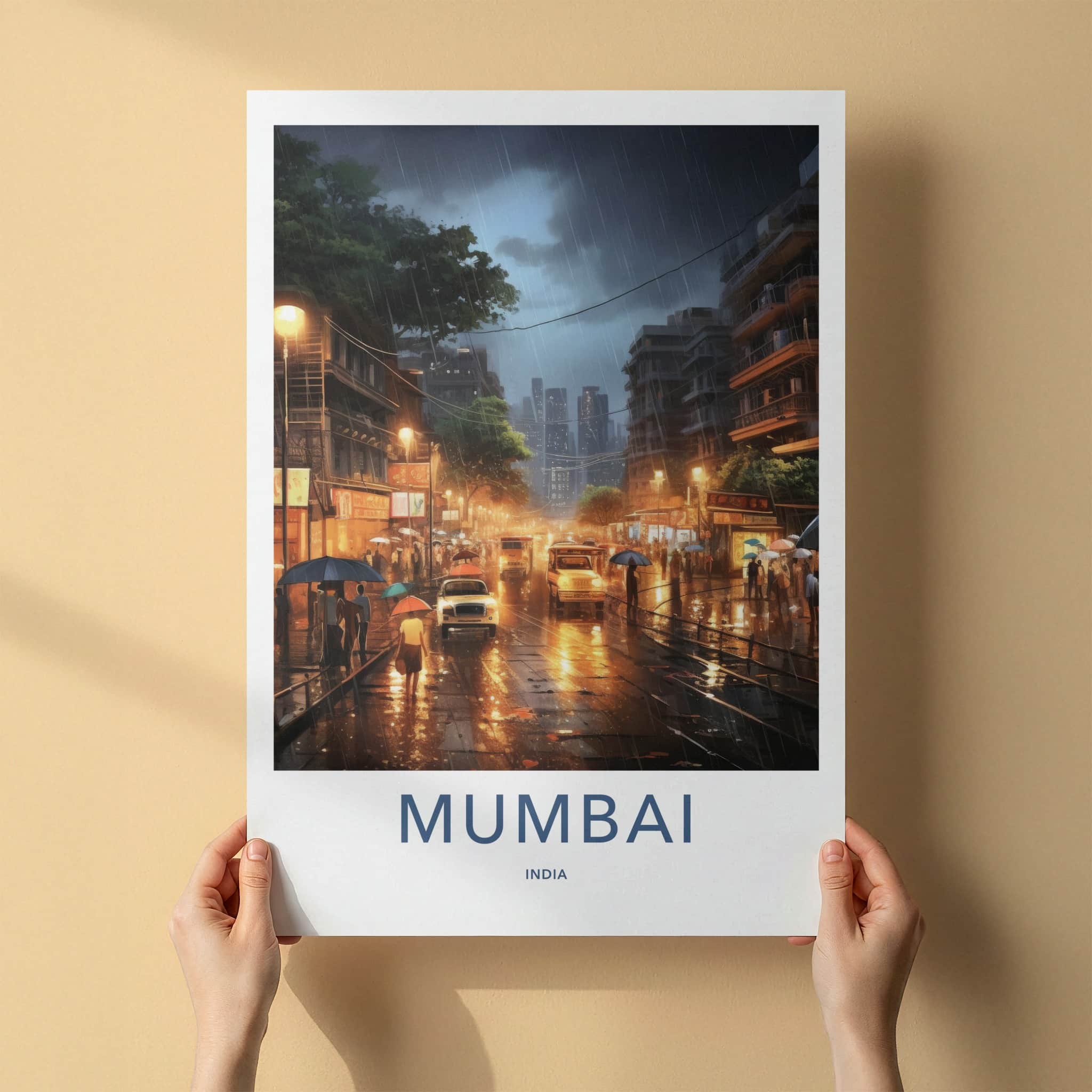 Mumbai Poster - India Travel Art - Maharashtra Monsoon Night Scene Home Decor