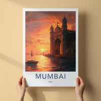 Mumbai Poster - India Travel Print - Maharashtra Gateway Sunset Boats Framed Decor