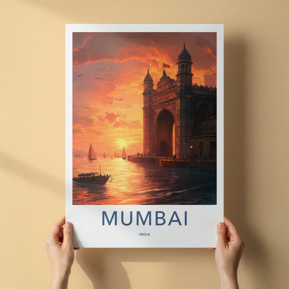 Mumbai Poster - India Travel Print - Maharashtra Gateway Sunset Boats Framed Decor